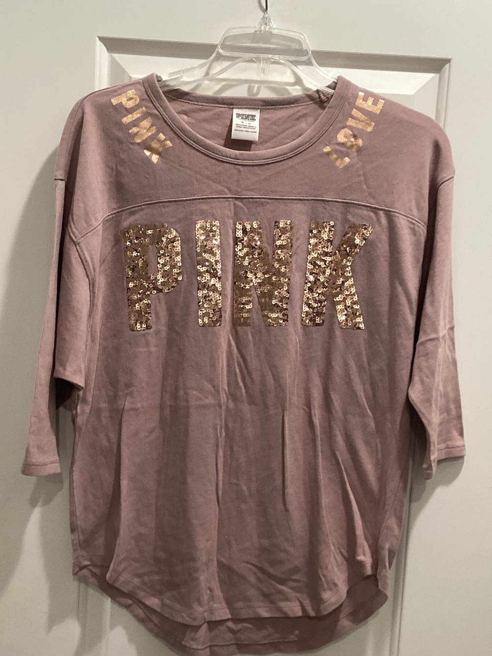 PINK Victoria's Secret Mauve Sequin Logo Sweatshirt with Gold Accents